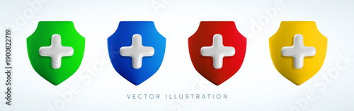 Vector cartoon 3d health protection icon set. 3d render of red, green, blue, yellow shield with white medical cross. First aid sign. Antivirus safety, healthcare, immunity, insurance icon collection.