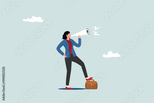 Communicating with confidence, telling the truth or presentation skills, speaker, presentation or shouting concept, confident businesswoman leader speaks loudly through a megaphone.