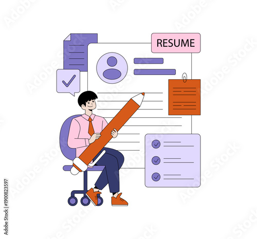 Person Crafting Resume with Oversized Pencil Vector Illustration