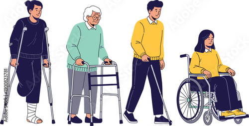 Diverse People with Disabilities and Mobility Aids Set Including Wheelchair User, Walker, Crutches, and Blind Person with Cane for Inclusive Design Projects