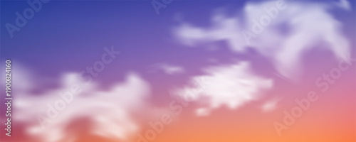 Fluffy white formations float across gradient pastel background at sunrise, creating soft dreamy atmosphere with light blue tones and cotton-like textures for fantasy illustrations. Vector lustration.
