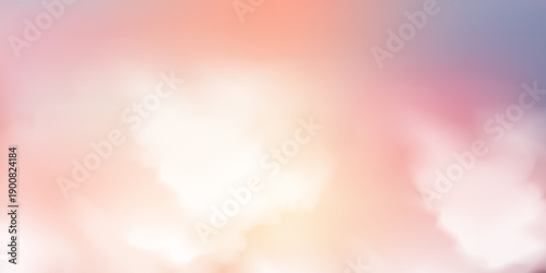 Soft gradient sunset sky featuring cotton-like clouds in pastel pink tones, serene atmospheric background with dreamy light and tranquil horizon. Vector lustration.