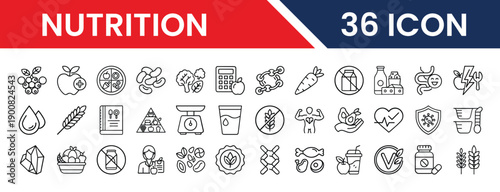 Outline Nutrition Icon Set in Line Art Style for Diet Planning, Healthy Lifestyle, Vitamins, and Digital Interface Design