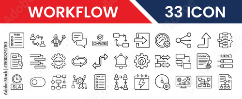 Outline Workflow Icon Set in Line Art Style for Task Planning, Business Processes, Automation, and Digital Interface Design