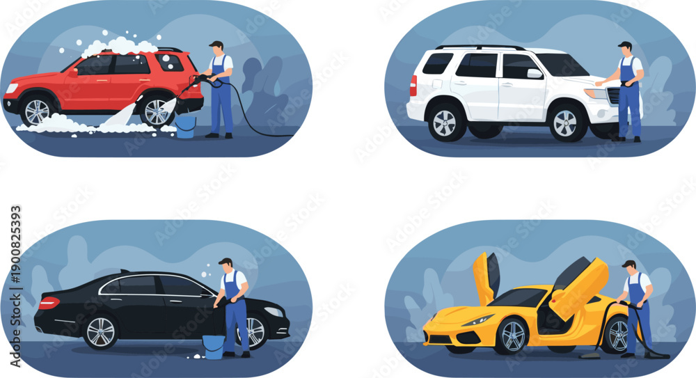 Naklejka premium Professional Car Detailing and Wash Service Set featuring Workers Cleaning SUV, Sedan, and Sports Cars for Automotive Maintenance Business Marketing and Garage Workshop Graphics