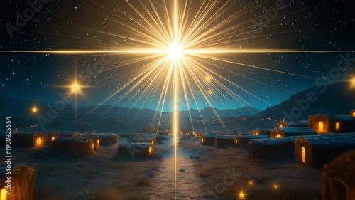Bright Bethlehem star shining over a peaceful village landscape at night, creating a serene atmosphere. Concept of holiday celebrations and spiritual themes,