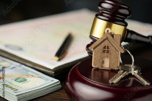 Real Estate Law and Property Auction Concept. Judge's gavel, house keys, money, and legal documents on a desk. Represents foreclosure, property law, or real estate auctions