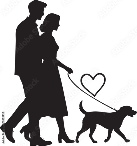 man and woman with dog silhouette vector flats illustration