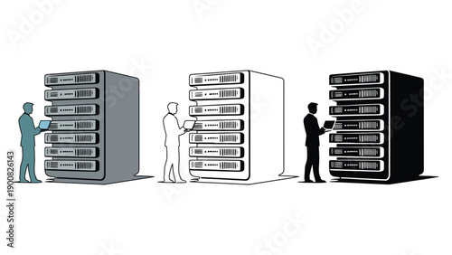 Three people standing next to large computer server towers in different colors