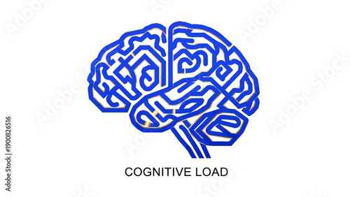Cognitive Load Conceptual Brain. Abstract illustration of a human brain made of complex blue circuit pathways, symbolizing mental stress, high processing, and complexity.