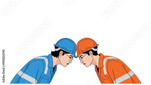 Head-to-Head Conflict: Two industrial workers (blue vs. orange) in hard hats and reflective safety vests facing off. Vector illustration of rivalry.