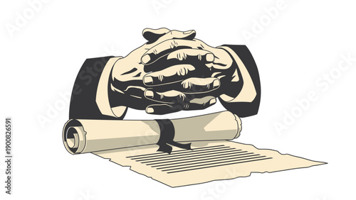 Formal Business Agreement: Clasped Hands Resting on an Official Contract Scroll. Legal Vector Illustration.