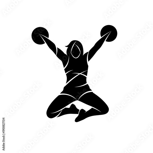 Silhouette of a Female Cheerleader Jumping with Pom-Poms, Dynamic Action Pose