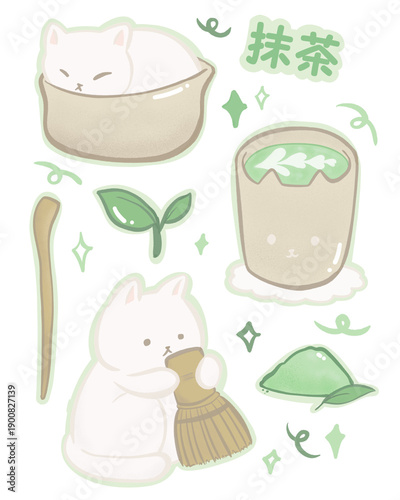 Cute Cat Matcha Illustration with Kawaii Style, Green Tea, Japanese Aesthetic and Pastel Colors
