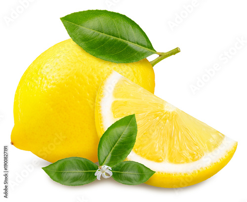 Schilderij op canvas Citrus Lemon fruit with leaves and flowers isolated on white background, Citrus Lemon fruit with leaves isolated on white background With work path