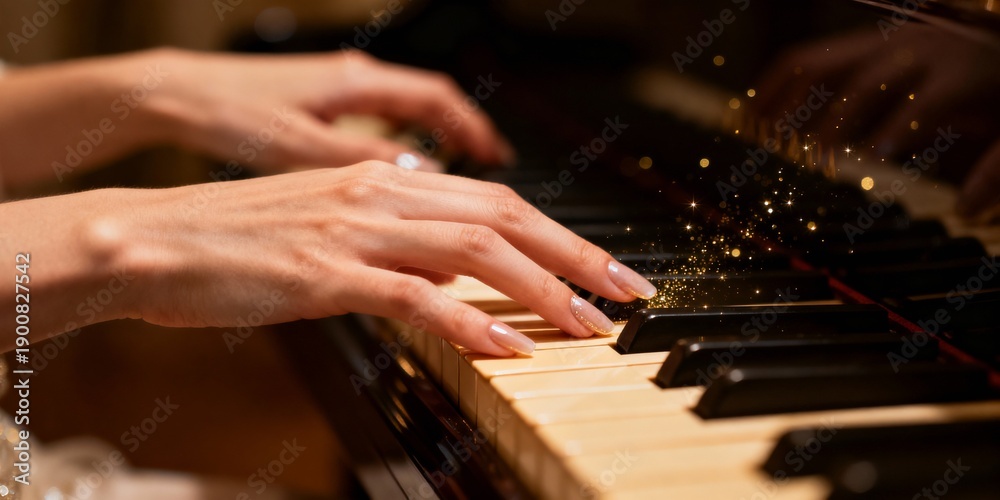 Obraz premium Woman's hands playing the piano and gold particles