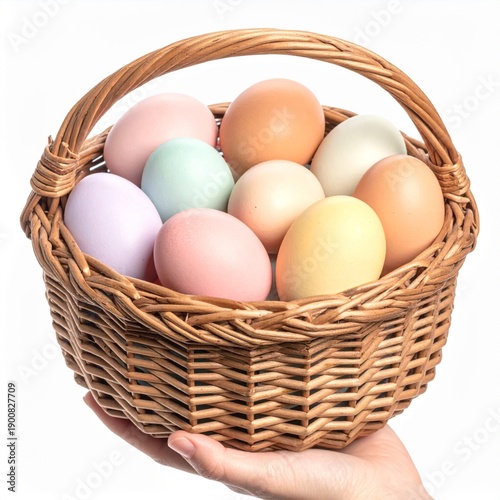 Wallpaper Mural Pastel Easter Eggs in Woven Basket held by hand on White Background Torontodigital.ca