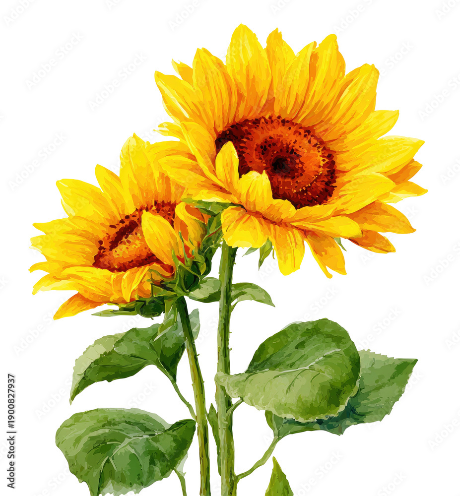 Obraz premium Two vibrant sunflowers in full bloom, detailed watercolor style, with green stems and leaves