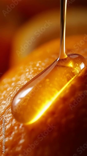 Extreme macro close-up of a ripe orange skin with a golden honey drop, detailed fruit texture with liquid splash, organic food and vitamin C concept.