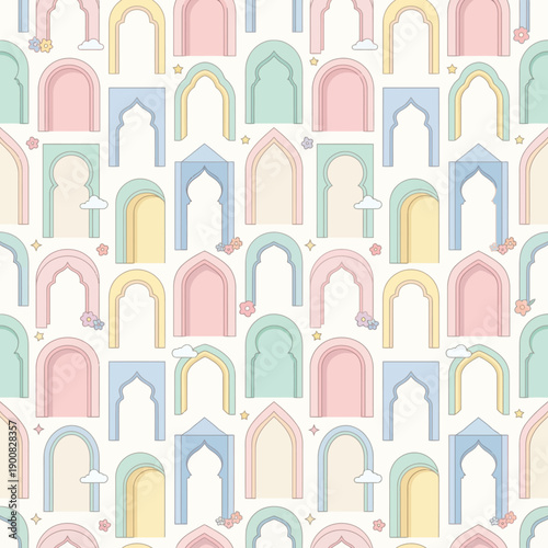 Seamless pattern of colorful Islamic arches in various shapes and sizes. EPS Editable