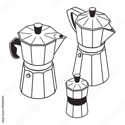 Three different types of stovetop espresso makers with distinct designs and features.