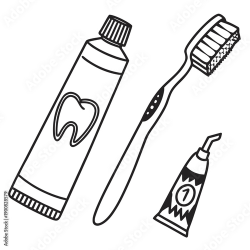 A toothbrush, toothpaste, and dental floss in a simple line drawing