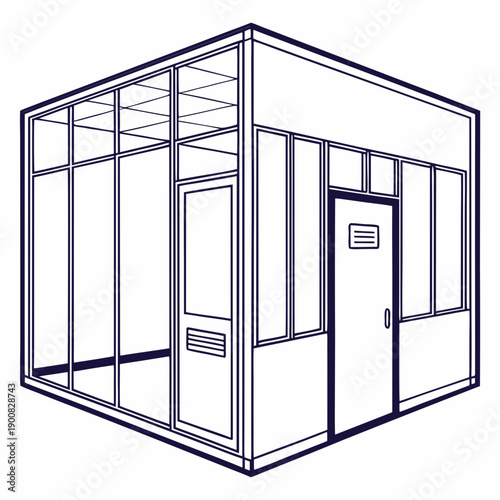 A detailed illustration of a modern office space with glass walls and doors.