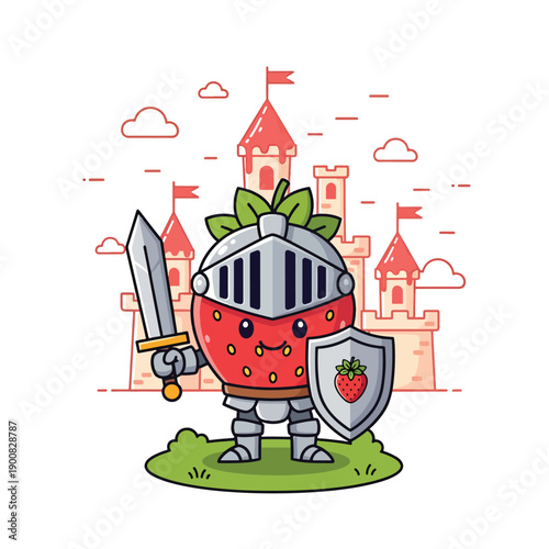 Playful strawberry knight standing guard with sword and shield in front of a whimsical castle illustration