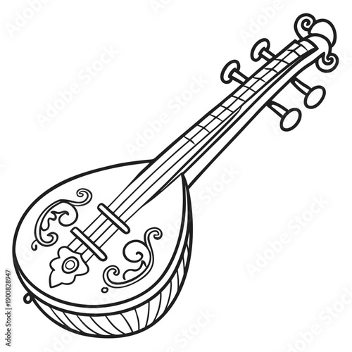 An intricately designed mandolin with ornate scrollwork and a round body.