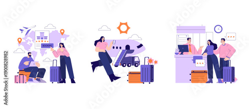 Travel Planning and Airport Check-In Vector Illustration