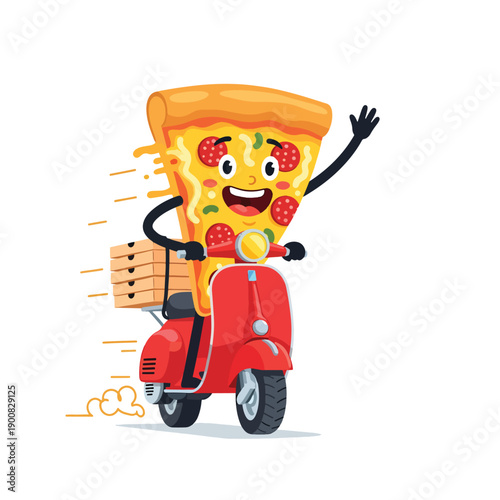 Happy cartoon pizza slice mascot swiftly delivering food boxes on a red scooter