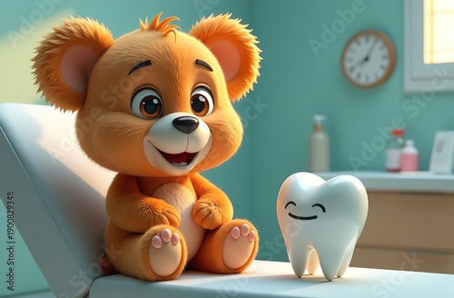 Cartoon tooth figurine with eyes and mouth. They are sitting on the floor and talking. Tooth and bear are smiling. The concept of pediatric dentistry. Dental services for children. dental treatment.