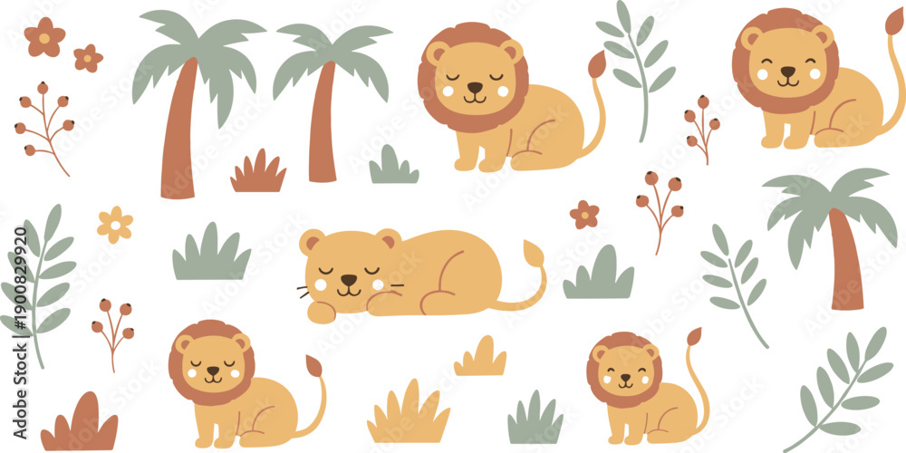 Fototapeta premium Cute lion and jungle pattern with palm trees leaves flowers and safari animals seamless vector illustration background