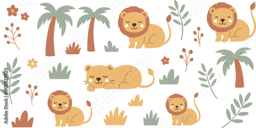 Cute lion and jungle pattern with palm trees leaves flowers and safari animals seamless vector illustration background
