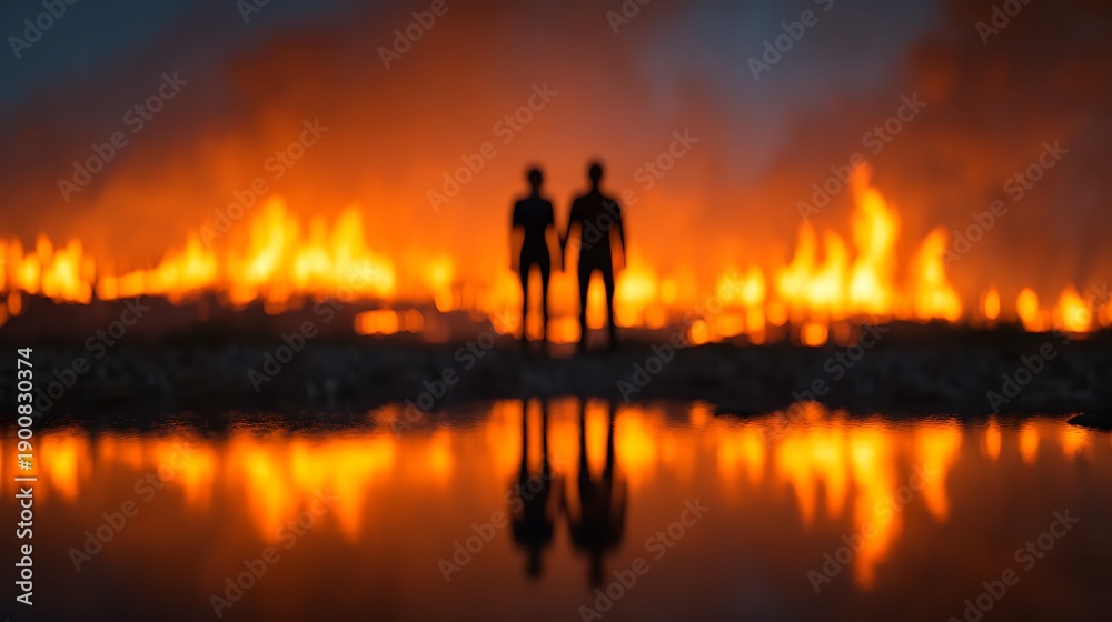 Fototapeta premium Two silhouetted figures stand before a dramatic backdrop of flames, reflecting in water, creating a striking contrast of light and shadow.