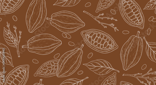 Seamless cacao pod and cocoa bean pattern with hand drawn botanical texture chocolate background vector illustration