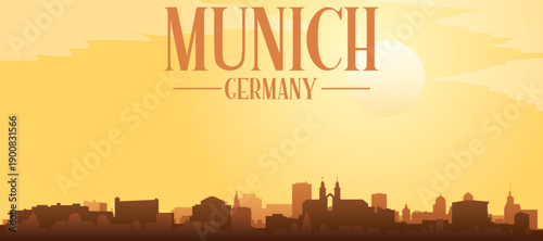 Golden yellow panoramic poster of the city skyline with misty background buildings and clouds of MUNICH, GERMANY