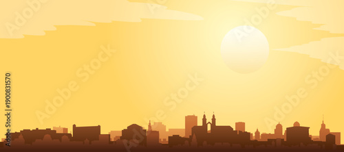 Golden yellow panoramic poster of the city skyline with misty background buildings and clouds of MUNICH, GERMANY