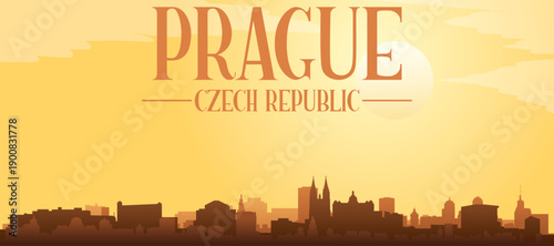 Golden yellow panoramic poster of the city skyline with misty background buildings and clouds of PRAGUE, CZECH REPUBLIC