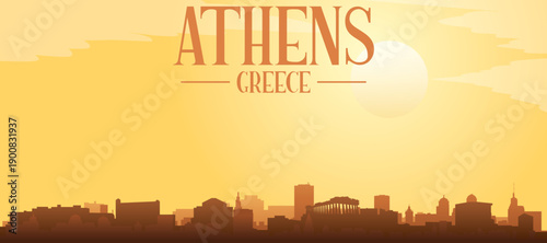 Golden yellow panoramic poster of the city skyline with misty background buildings and clouds of ATHENS, GREECE