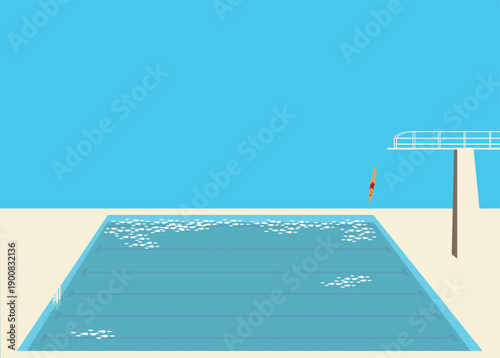 Minimalist illustration of an empty outdoor swimming pool with a diving board. Calm summer atmosphere, sports and recreation concept.