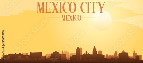 Golden yellow panoramic poster of the city skyline with misty background buildings and clouds of MEXICO CITY, MEXICO