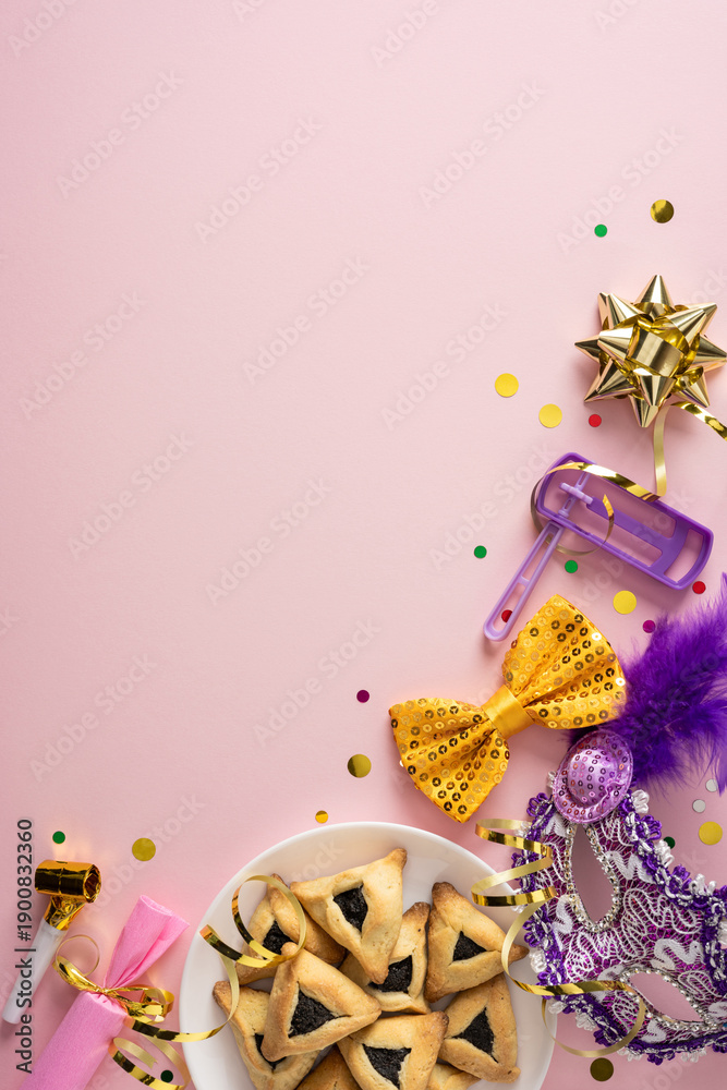 Fototapeta premium A vertical playful Purim scene featuring masks hats confetti and hamantaschen cookies on a pink backdrop. Bright colors and decorations convey festive mood and celebration with party vibes