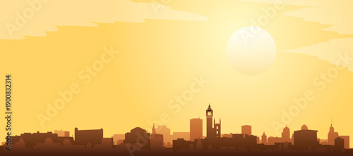 Golden yellow panoramic poster of the city skyline with misty background buildings and clouds of LONDON, UNITED KINGDOM