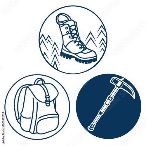 Outdoor gear including hiking boots, backpack, and ice axe for adventurous expeditions.