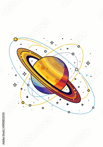 Colorful illustration of Saturn with rings and orbiting celestial bodies in a flat design style