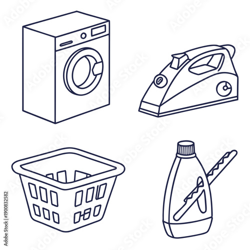 A collection of laundry essentials including a washing machine, iron, laundry basket, and detergent bottle