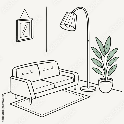 A cozy living room with a comfortable couch, a lamp, and a plant