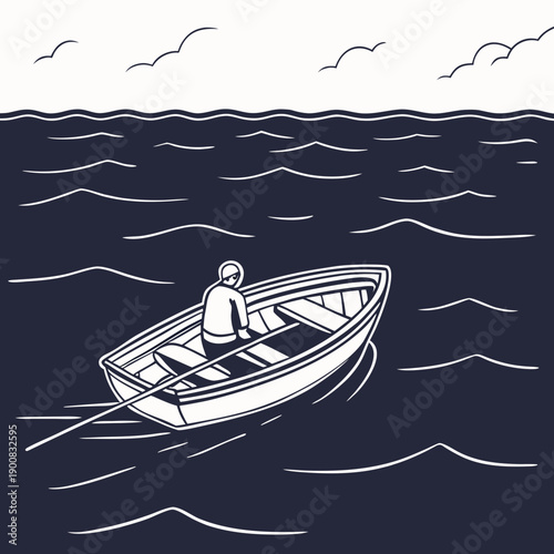 A lone figure in a small boat navigating through a stormy sea at night.