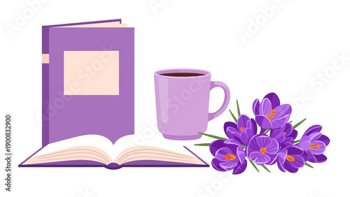 Vector illustration of reading leisure: Open book, purple coffee mug, and spring crocus flowers. Cozy relaxation graphic template.